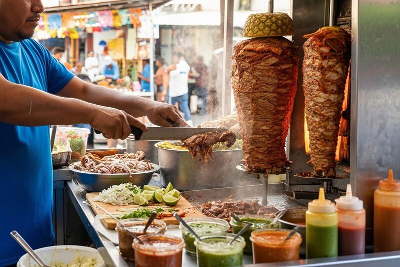 Taquero rebanando pastor del trompo sobre una tortilla, con las salsas al frente